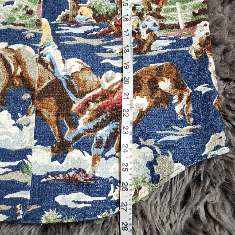 Vintage Mens Barkcloth Western Cowboy Horse Button Front Printed Shirt - Picture 7 of 11